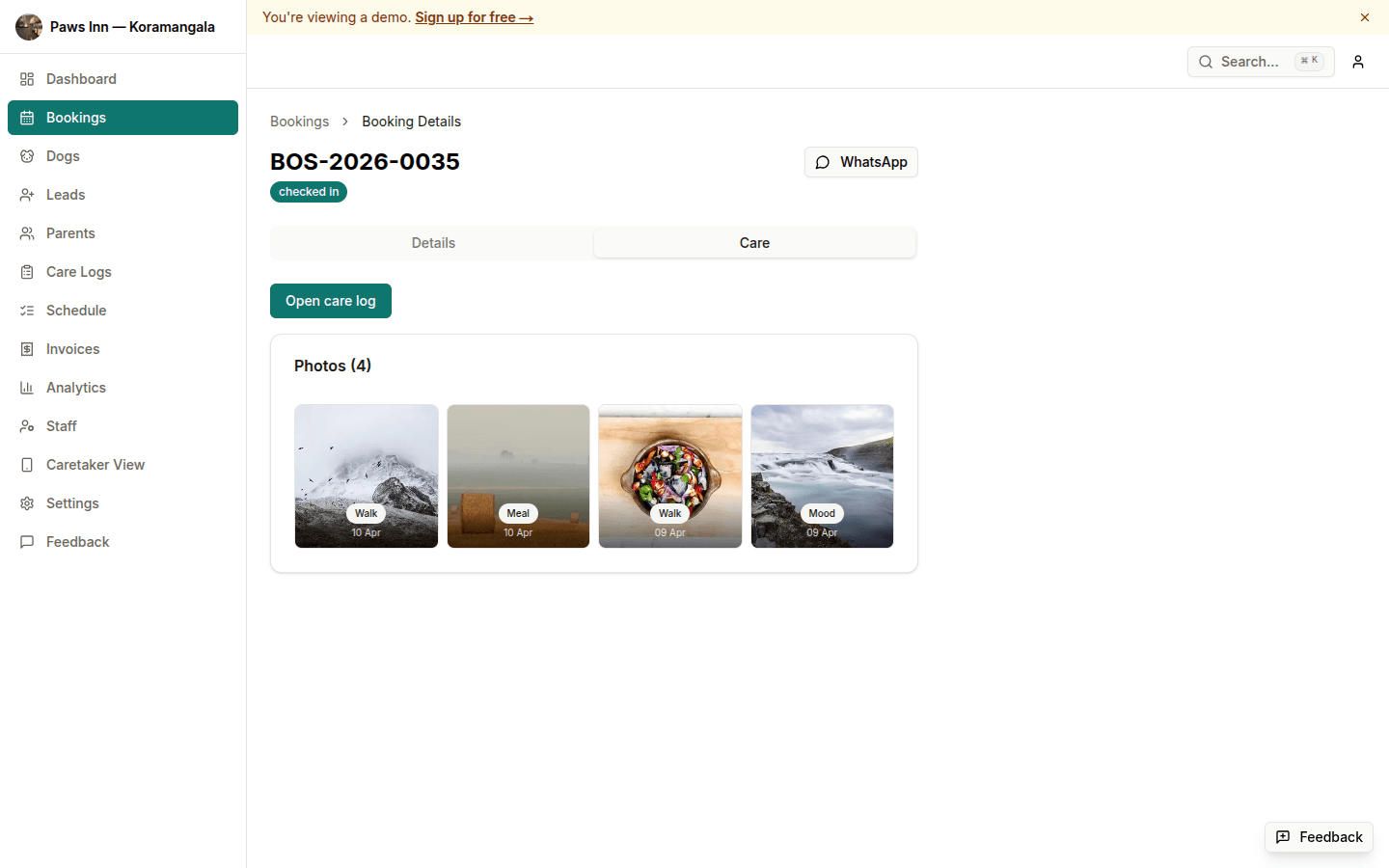 Care timeline showing meals, walks, and mood checks for a dog's stay