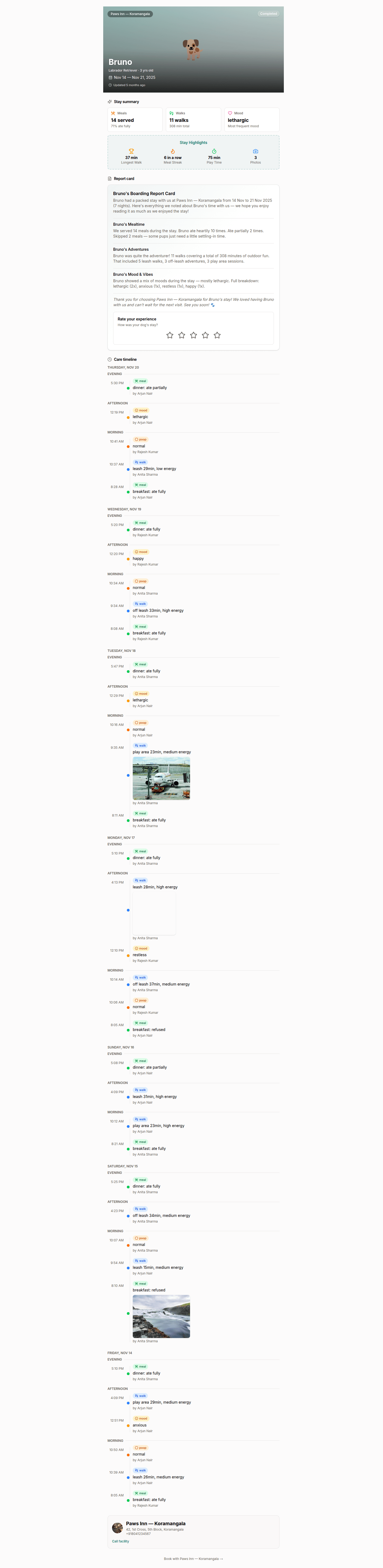 AI-generated boarding report card with stats, photos, and personalised summary