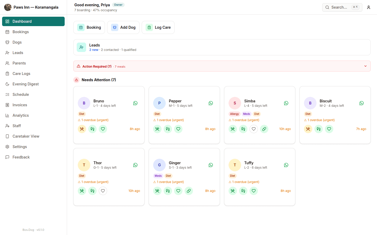 Bos.Dog dashboard showing today's board with seven dogs needing care