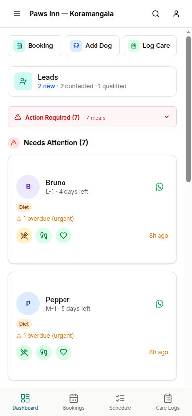 Bos.Dog mobile dashboard showing action-required care tasks and dog cards