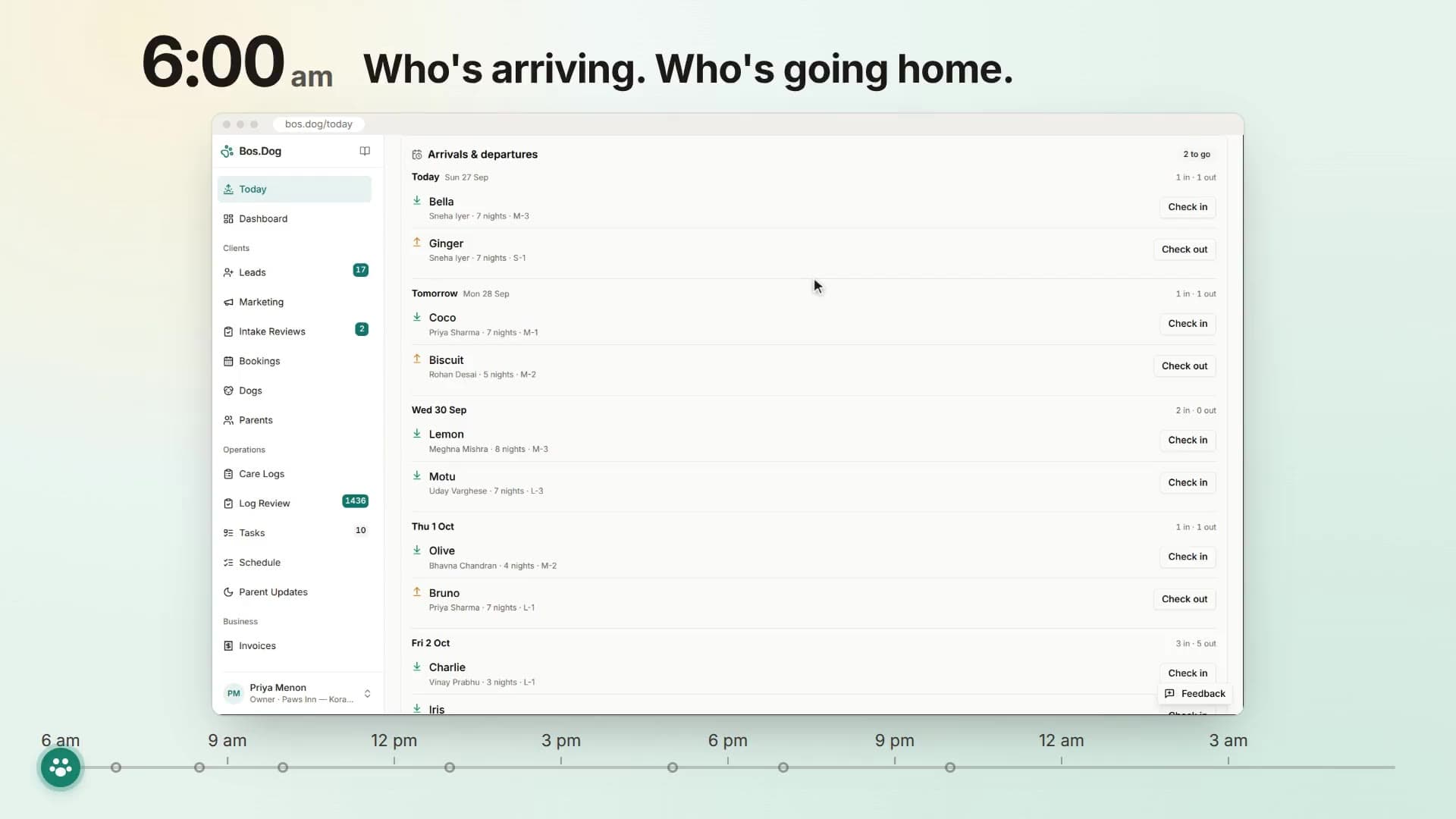 A day at a boarding facility in Bos.Dog, hour by hour: arrivals at 6am, walks logged on a caretaker's phone, parent updates in the evening