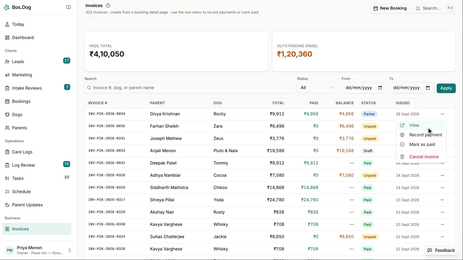 The invoice list with paid and outstanding totals, then the itemised GST invoice a parent receives
