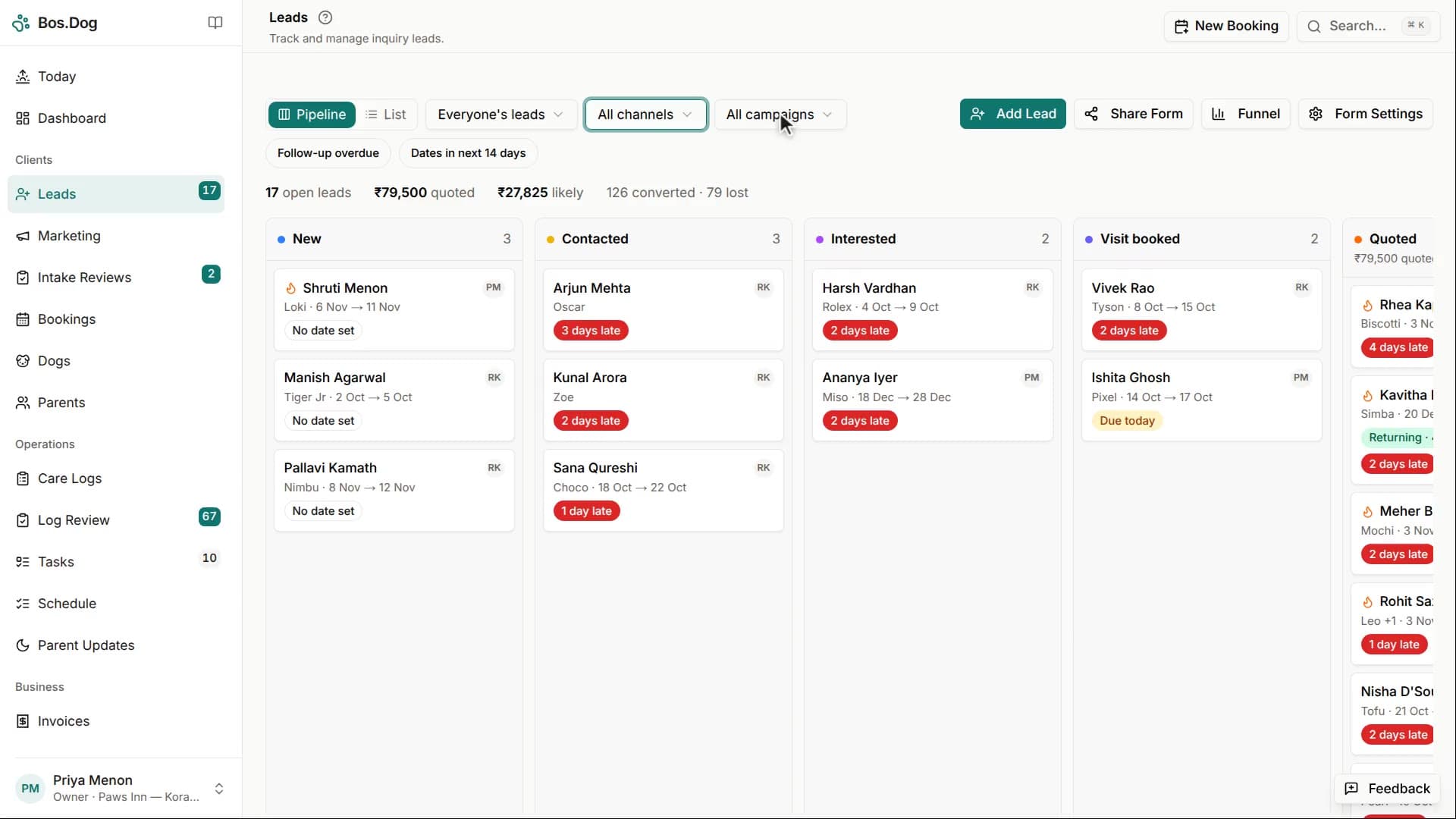 The leads board: enquiries by stage, and one opened to log a call and set the next follow-up