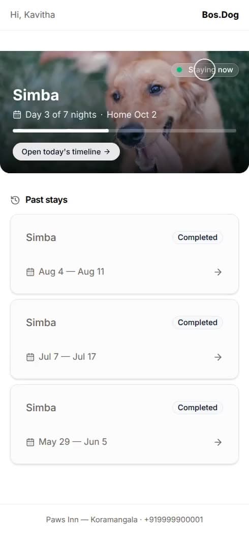 A parent on their phone opening their dog's stay and reading the diary entry for day two