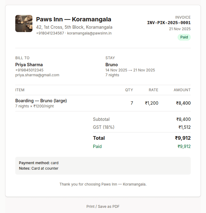 An invoice showing line items, the GST breakdown and payment status