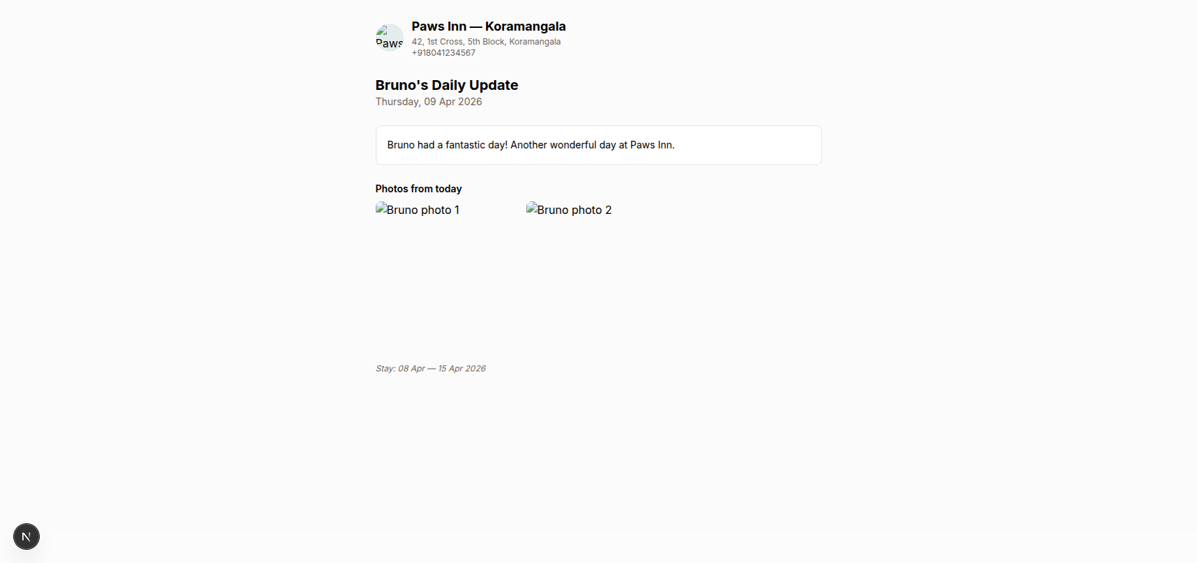 Daily update page showing Bruno's summary with facility branding and photos