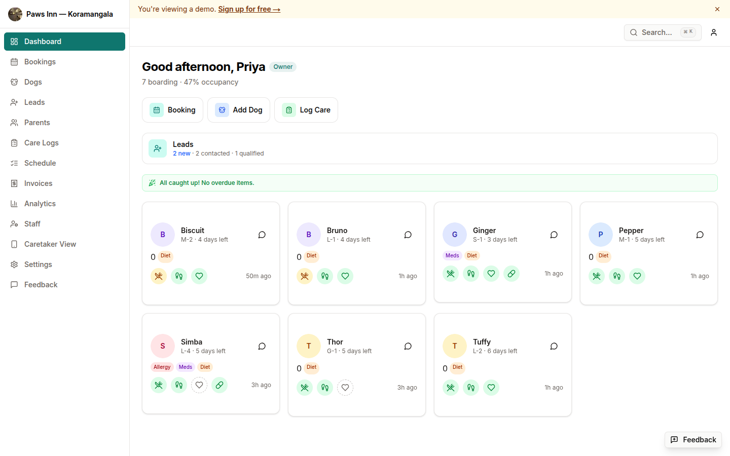 Today cards showing check-ins and medications