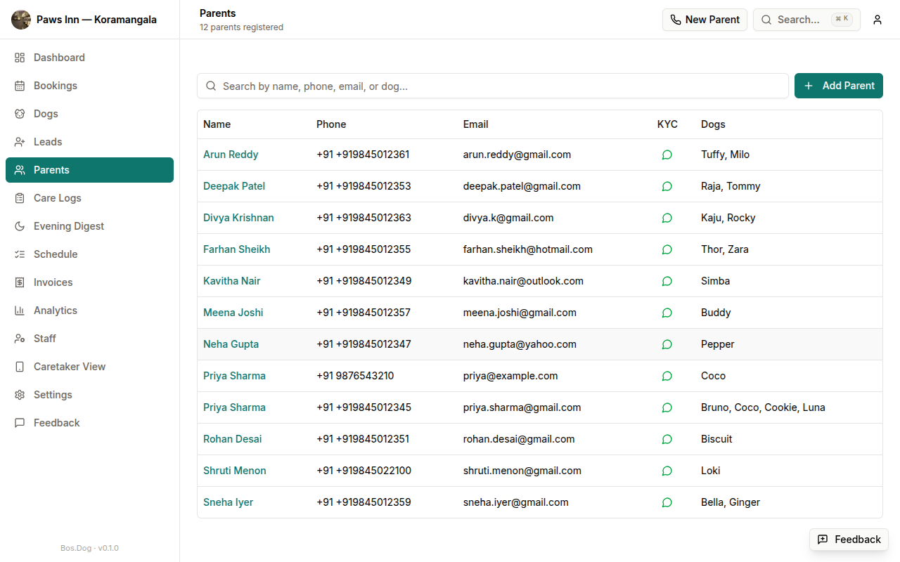 Parent table with KYC column showing WhatsApp reminder buttons