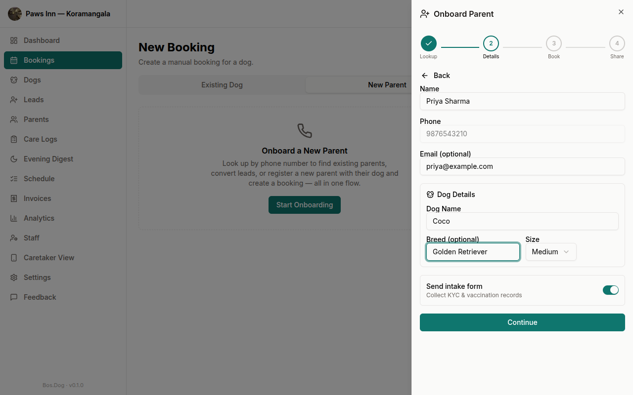 Create step showing parent name, phone, email, dog details, and intake form toggle