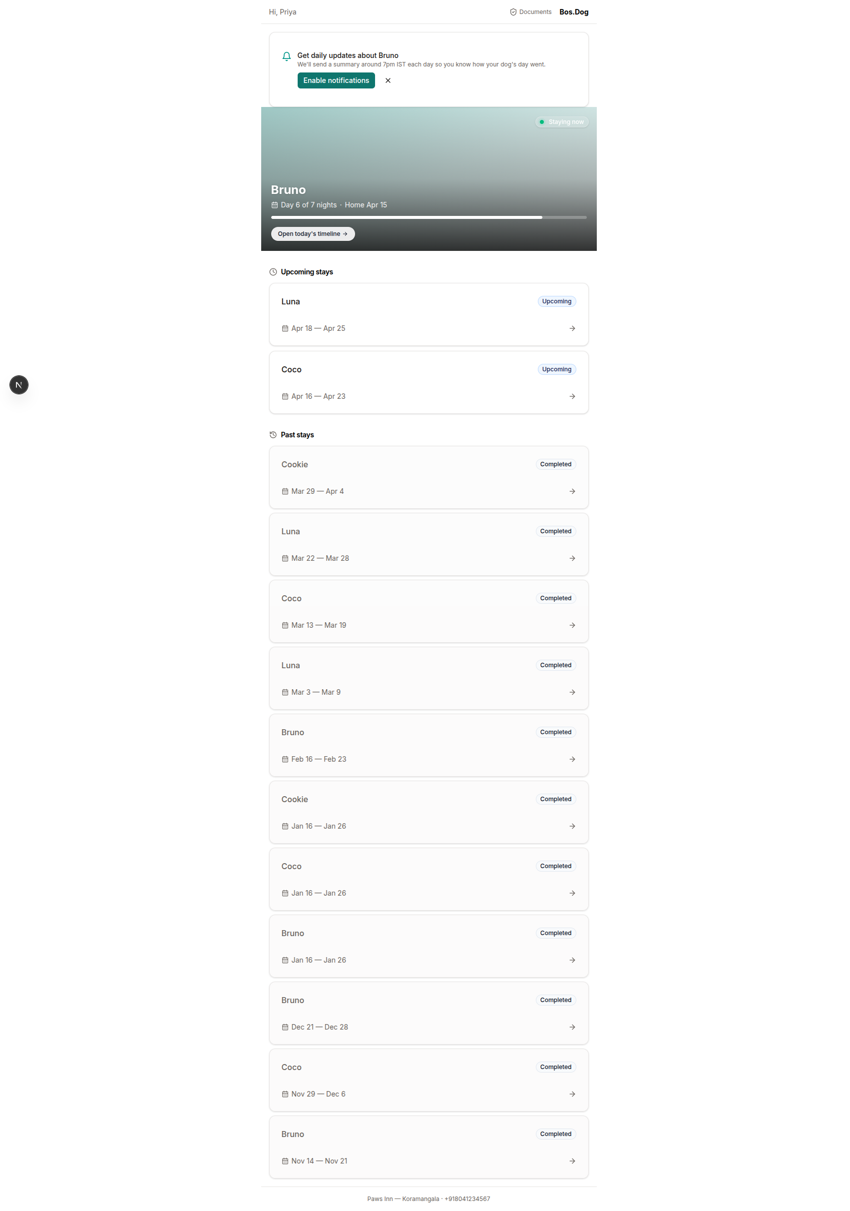Parent portal home screen showing Bruno's active stay with day count, progress bar, and upcoming/past stays