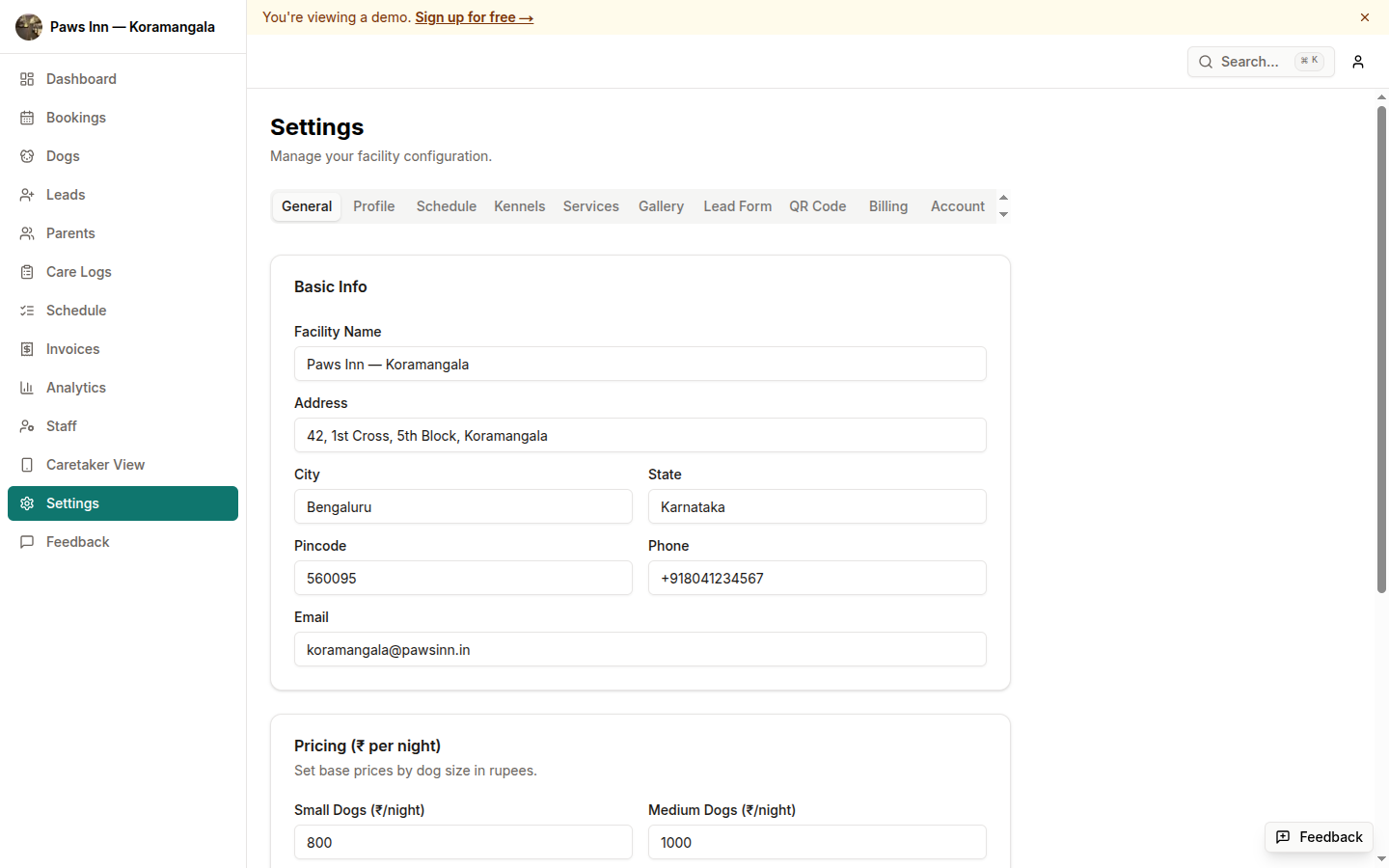 Facility settings form