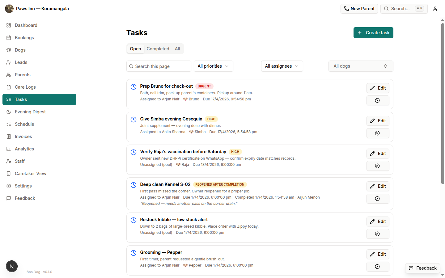Owner tasks board with priority and status filters